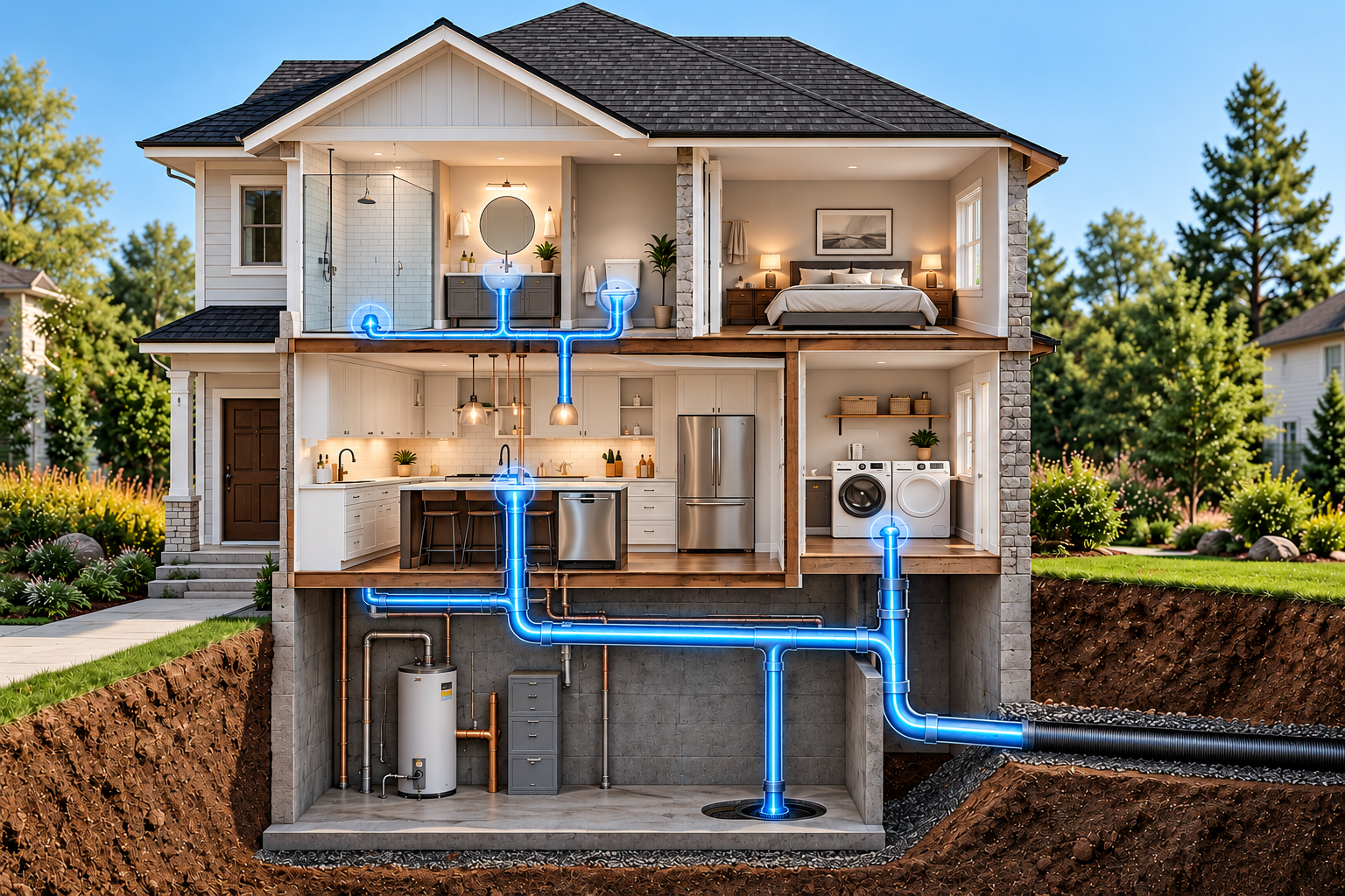 House highlighting drain cleaning plumbing